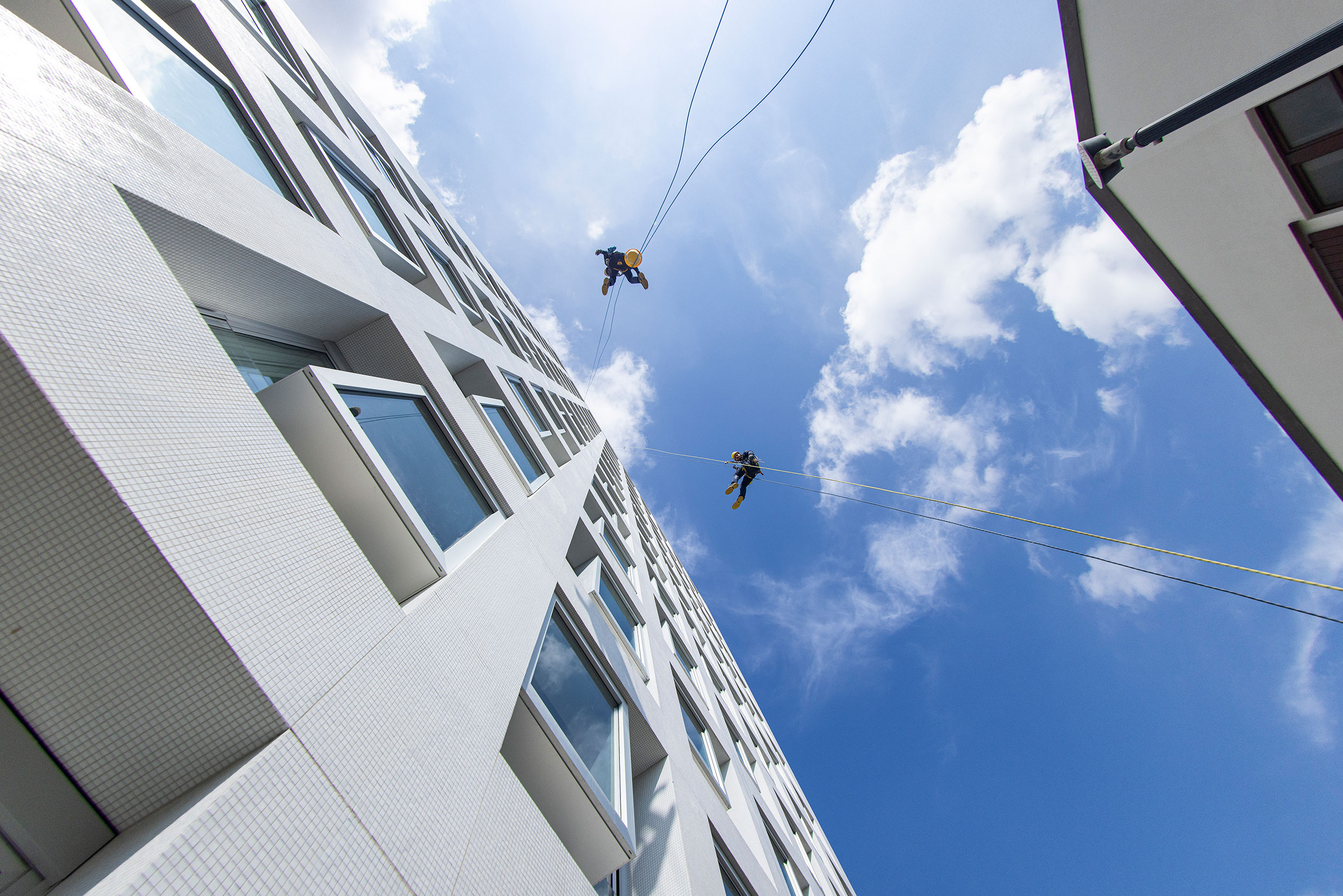 Operatori su fune Acrobatica con l'imbracatura di sicurezza sulla facciata del CampusX di Firenze