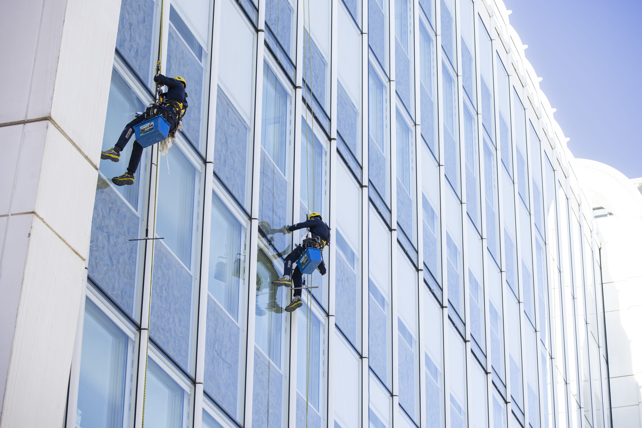 Due operatori su fune si calano lungo la facciata a vetrate di un edificio moderno