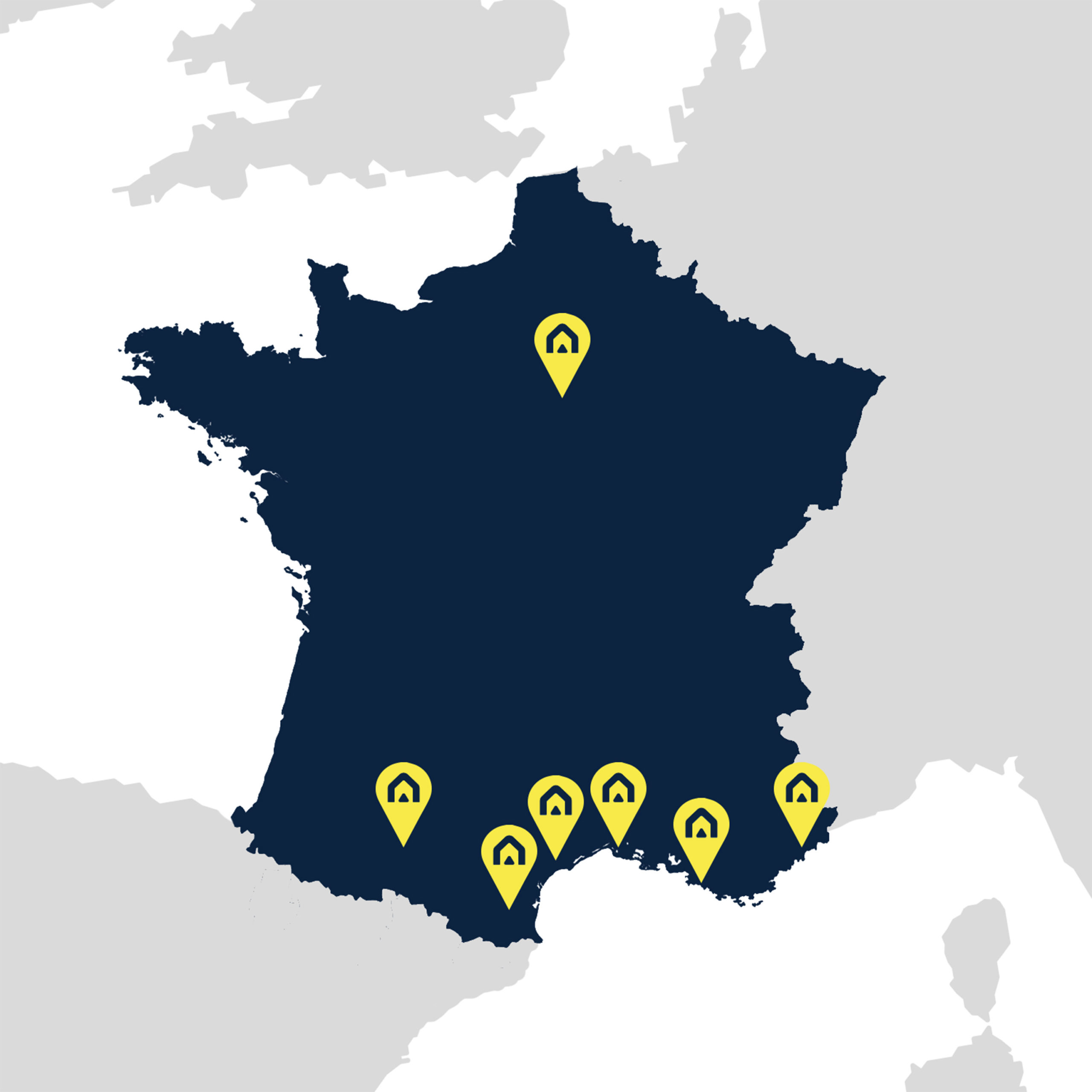 Mappa della Francia con le sedi del Gruppo segnalate, soprattutto lungo la costa meridionale