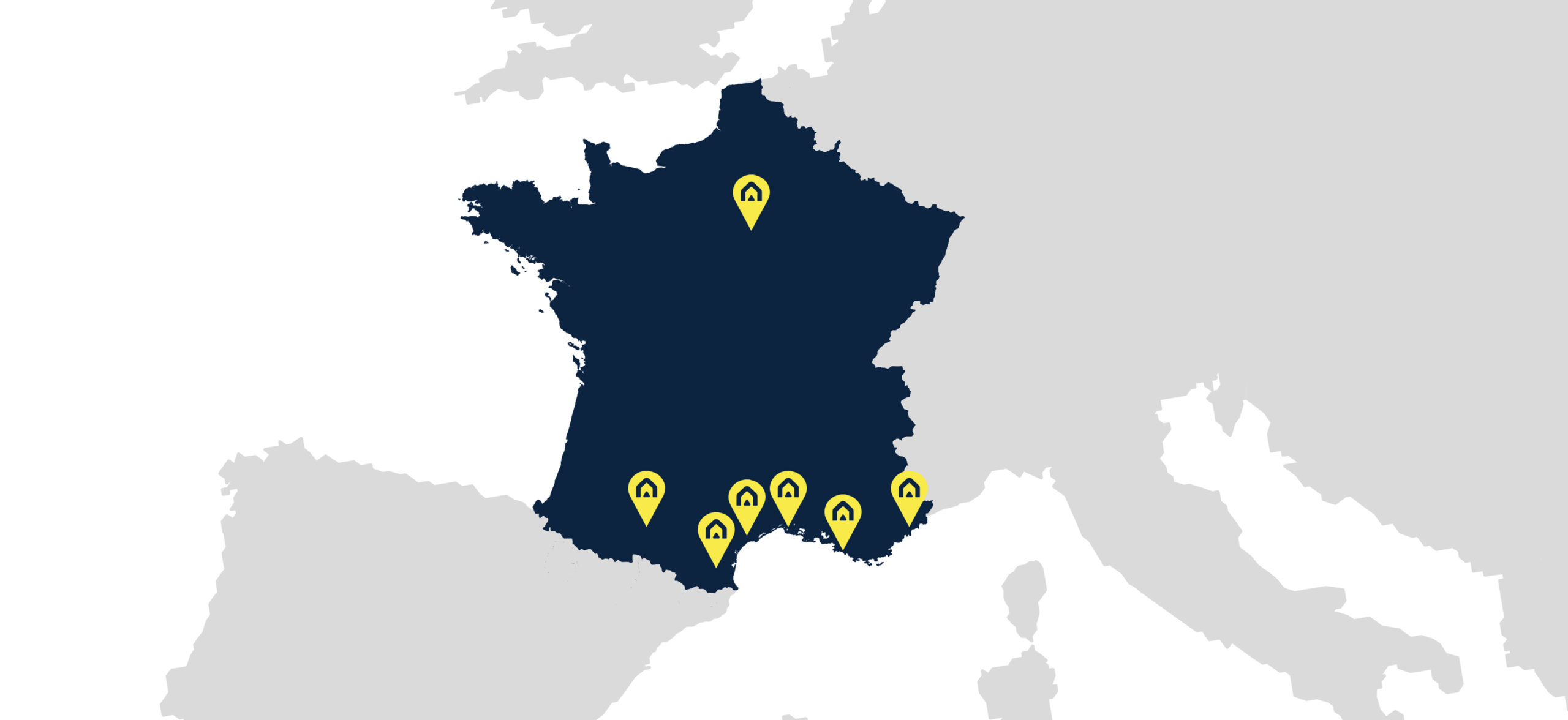 Mappa della Francia con le sedi del Gruppo segnalate, soprattutto lungo la costa meridionale