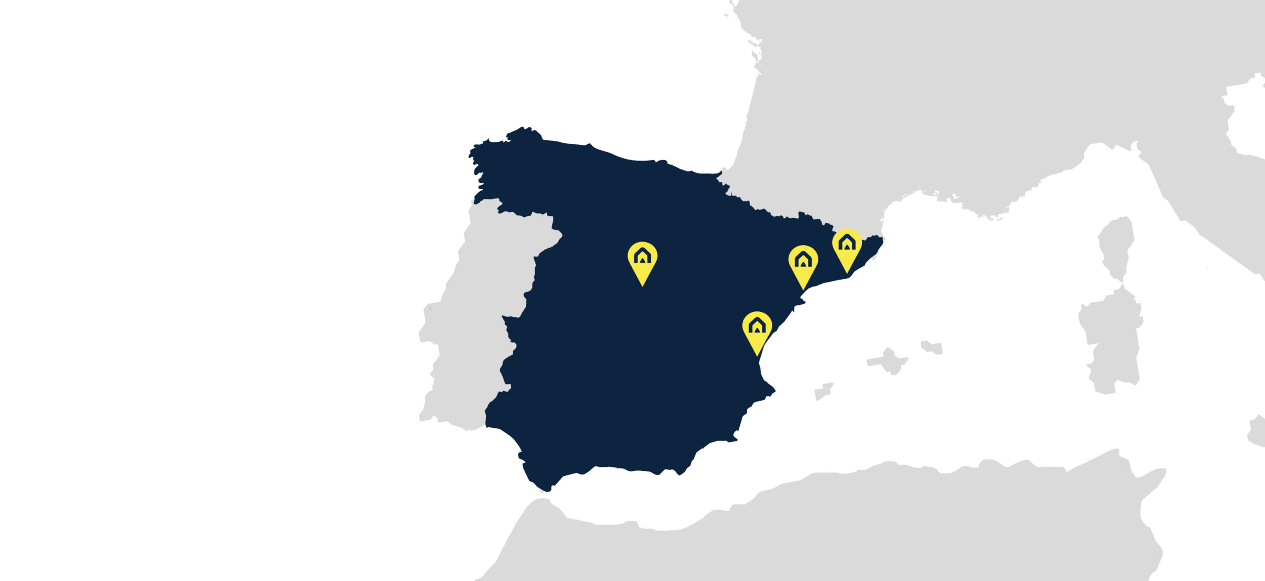 Mappa della Spagna con le sedi del Gruppo segnalate, fra Madrid e la costa mediterranea