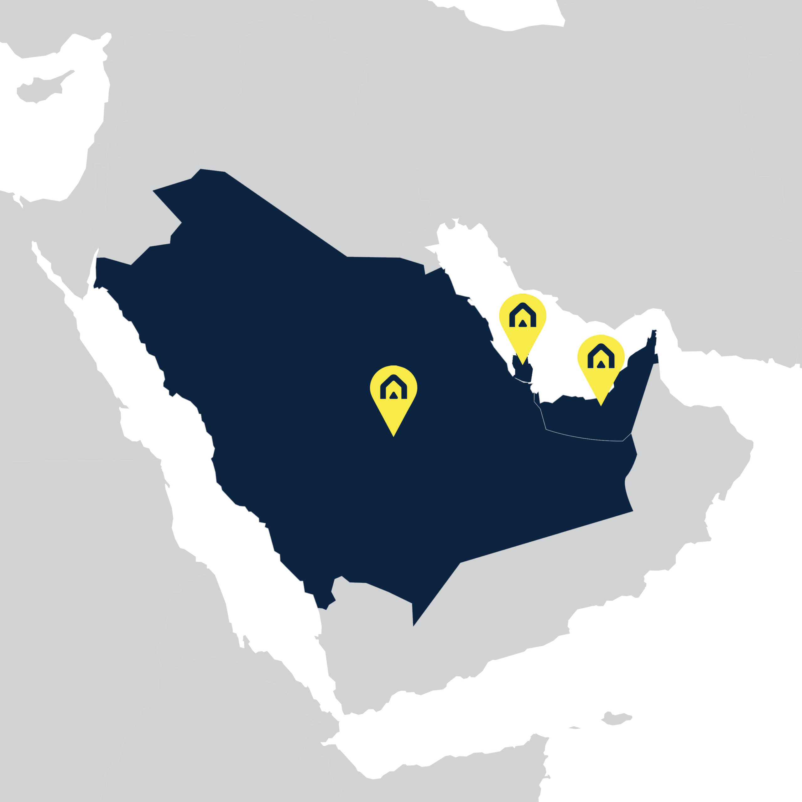 Mappa della Penisola Arabica con evidenziati Arabia Saudita, Emirati Arabi Uniti e Kuwait e le sedi del Gruppo