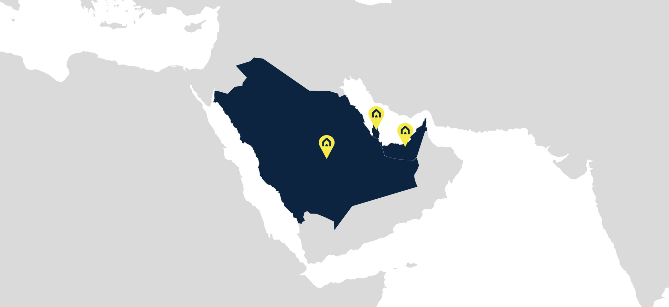 Mappa della Penisola Arabica con evidenziati Arabia Saudita, Emirati Arabi Uniti e Kuwait e le sedi del Gruppo
