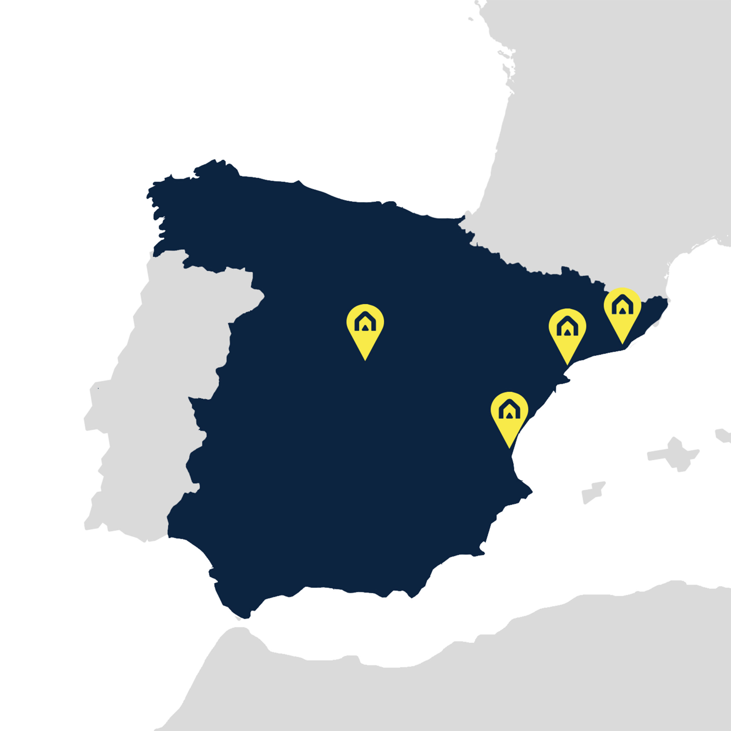 Mappa della Spagna con le sedi del Gruppo segnalate, fra Madrid e la costa mediterranea